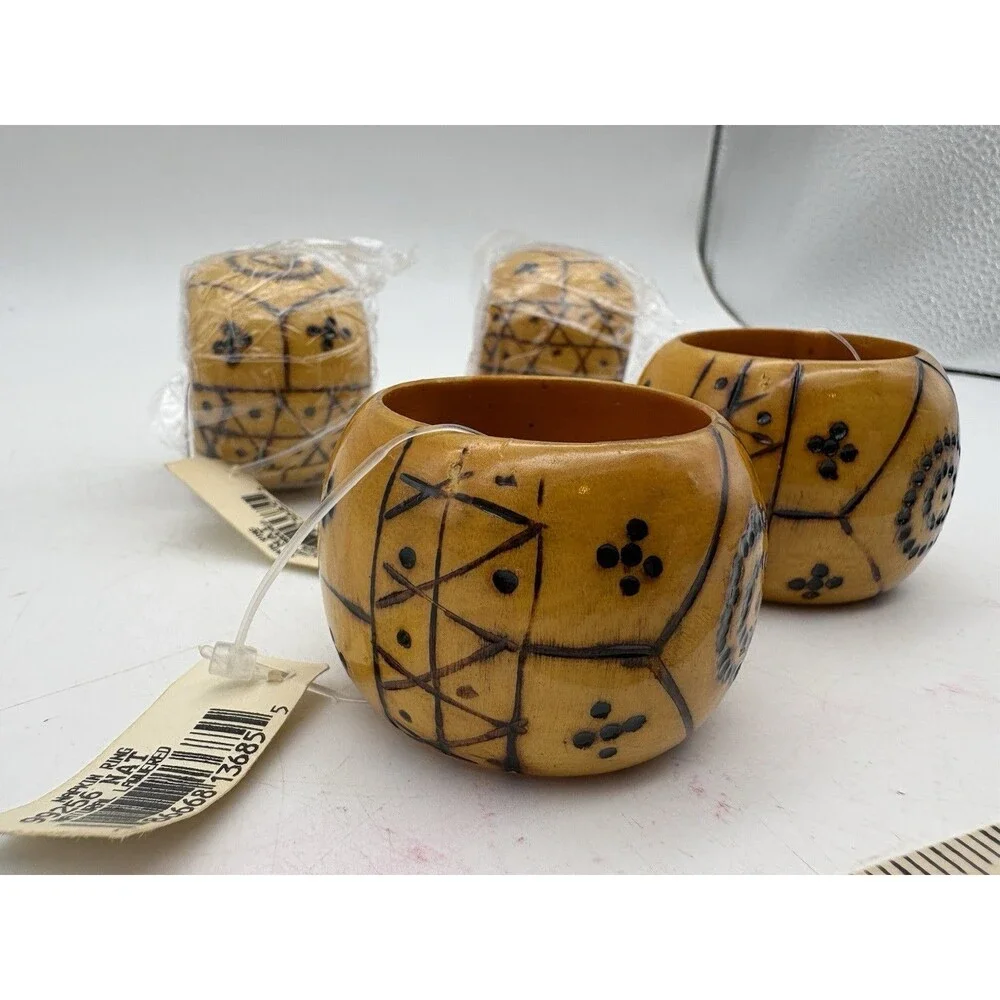 Pier 1 Imports Wood Napkin Rings Set of 4 Hand Painted Tribal Boho Rustic